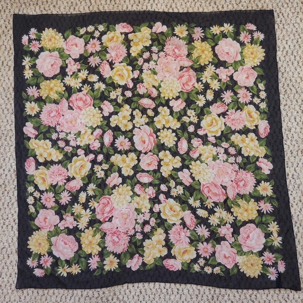 Vintage Italian Silky Square Scarf Black Rose Floral Sheer Head Neck Accessory
